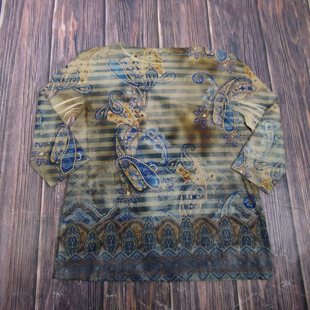 Paisley Stripe Womens‎ XL Blue Tunic Top  Knit Blouse Made USA Granny Core
